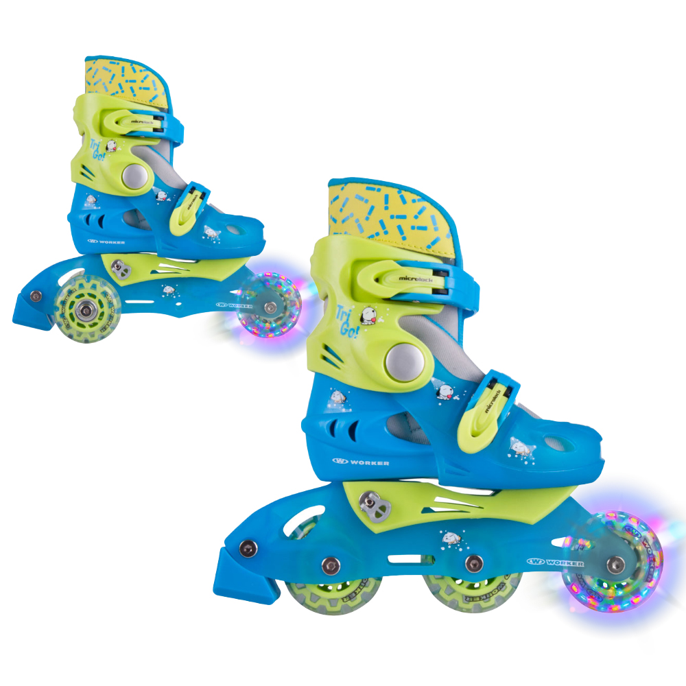 Dětské kolečkové brusle 2v1 WORKER TriGo Skate LED se sv. kolečky modrá - XS (26-29)