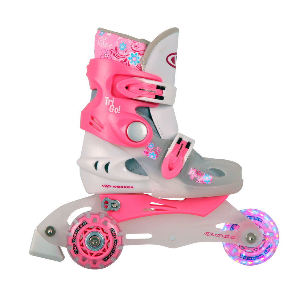 Dětské kolečkové brusle 2v1 WORKER TriGo Skate LED se sv. kolečky růžová - XS (26-29)
