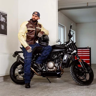Men’s Leather Motorcycle Jacket W-TEC Retro - Black-Brown-Beige