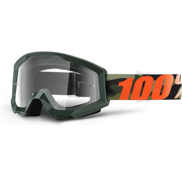 Motocross Goggles 100% Strata - Huntitistan Dark Green, Clear Plexi with Pins for Tear-Off Foils
