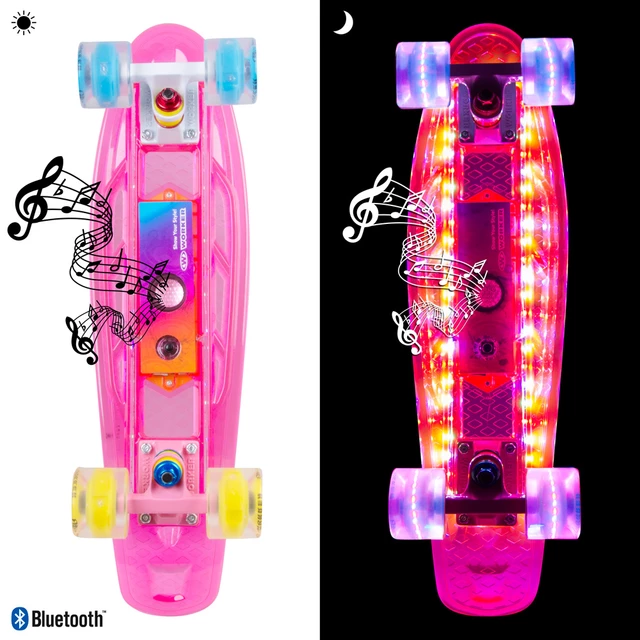 Light-Up Penny Board WORKER Ravery 22" with Bluetooth Speaker - Transparent Pink/Yellow