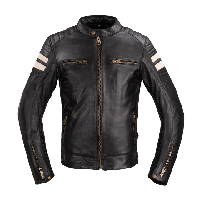 Men’s Leather Motorcycle Jacket W-TEC Stripe - Black with Beige Stripes - Black with Beige Stripes