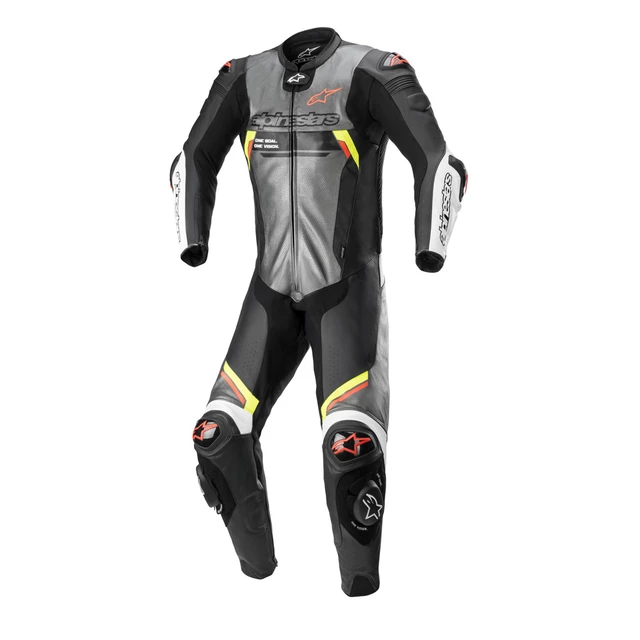 One-Piece Motorcycle Leather Suit Alpinestars Missile 2 Ignition Metallic Gray/Black/Yellow/Fluo Red - Metallic Grey/Black/Yellow/Fluo Red - Metallic Grey/Black/Yellow/Fluo Red