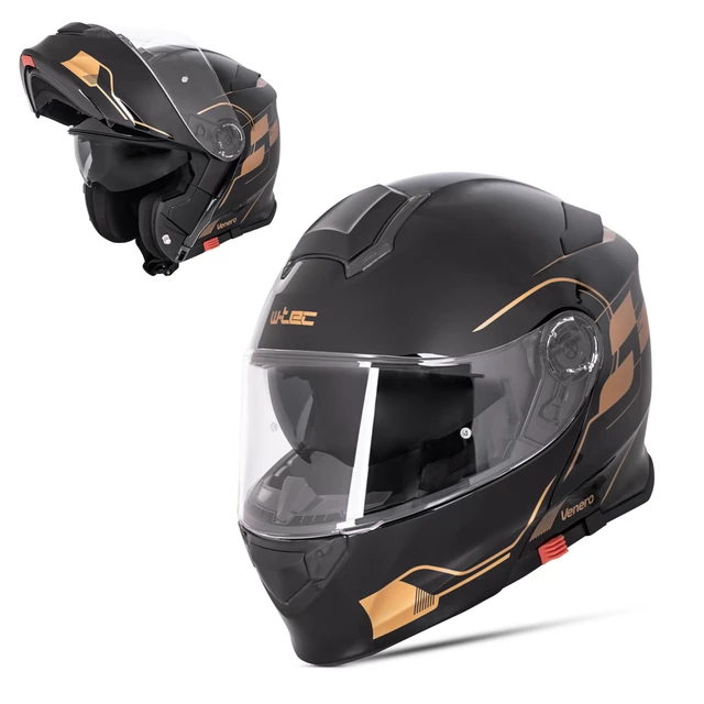 Flip-Up Motorcycle Helmet W-TEC Venero - Glossy Black-Gold - Glossy Black-Gold