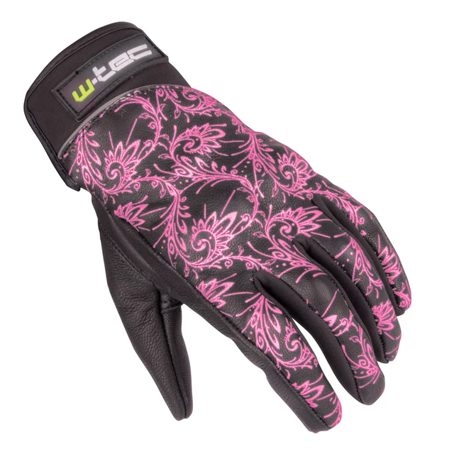 Women’s Leather Moto Gloves W-TEC Malvenda - Black with Pink Graphics