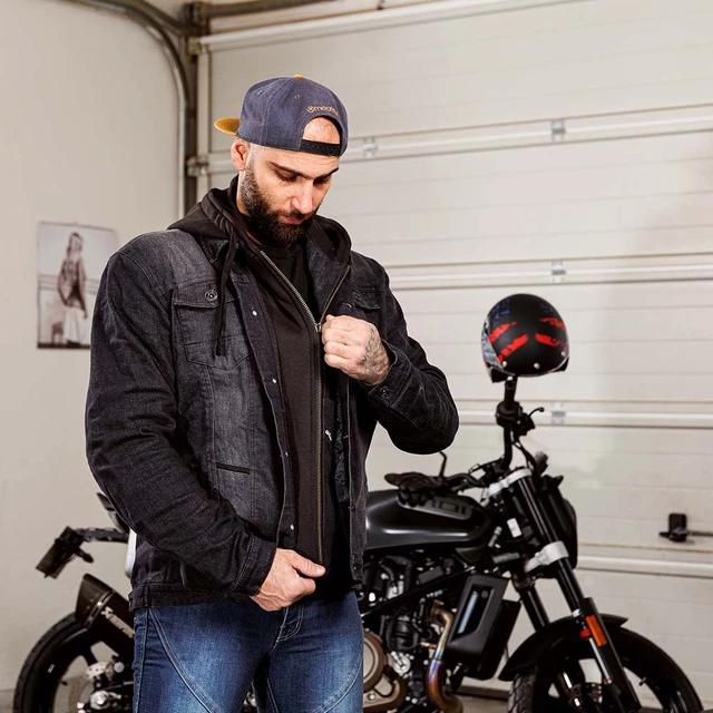 Pánská jeansová letní moto bunda W-TEC Kafec s kapucí - černá
