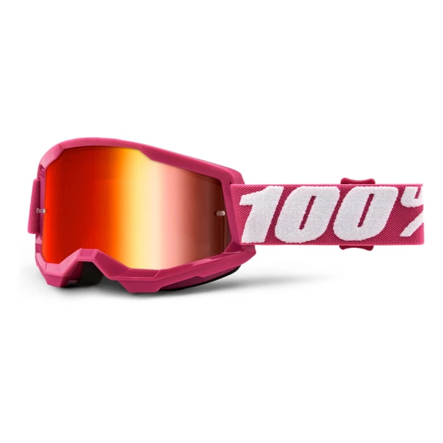 Motocross szemüveg 100% Strata 2 Mirror - Kombat bézs-narancssárga, True arany plexi - Fletcher rózsaszín, tükrös piros plexi