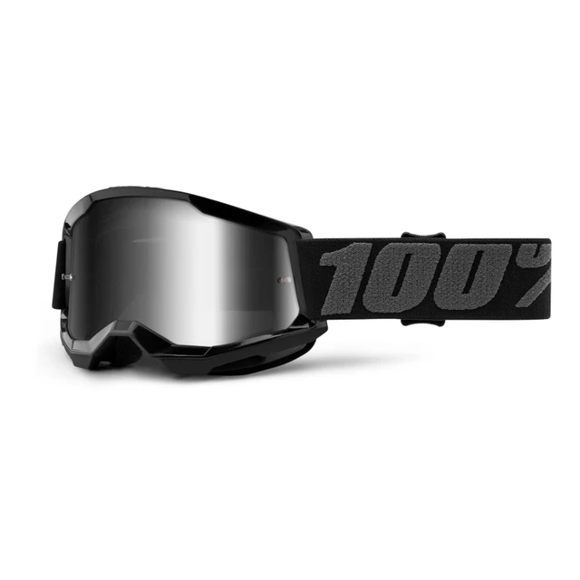 Children’s Motocross Goggles 100% Strata 2 Youth Mirror - Black, Mirror Silver Plexi - Black, Mirror Silver Plexi