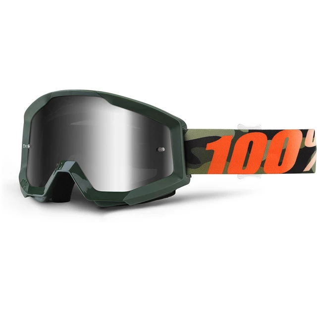 Motocross Goggles 100% Strata - Huntitistan Dark Green, Silver Chrome Plexi with Pins for Tear-O