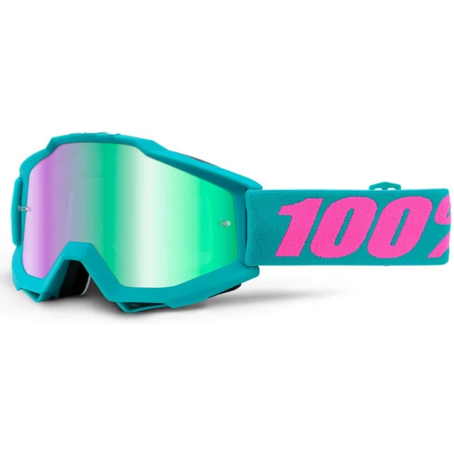 Motocross Goggles 100% Accuri - Passion Green, Blue Chrome + Clear Plexi with Pins for Tear-Off 