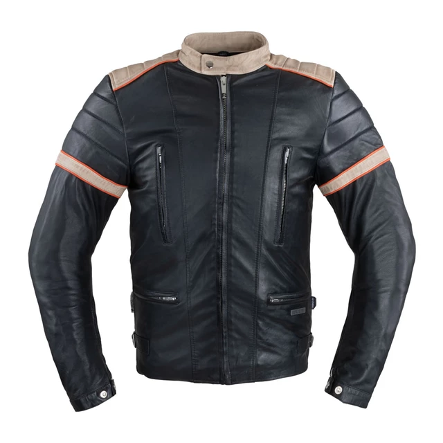 Men’s Leather Jacket W-TEC Hellsto - Black with Beige and Orange Stripe - Black with Beige and Orange Stripe