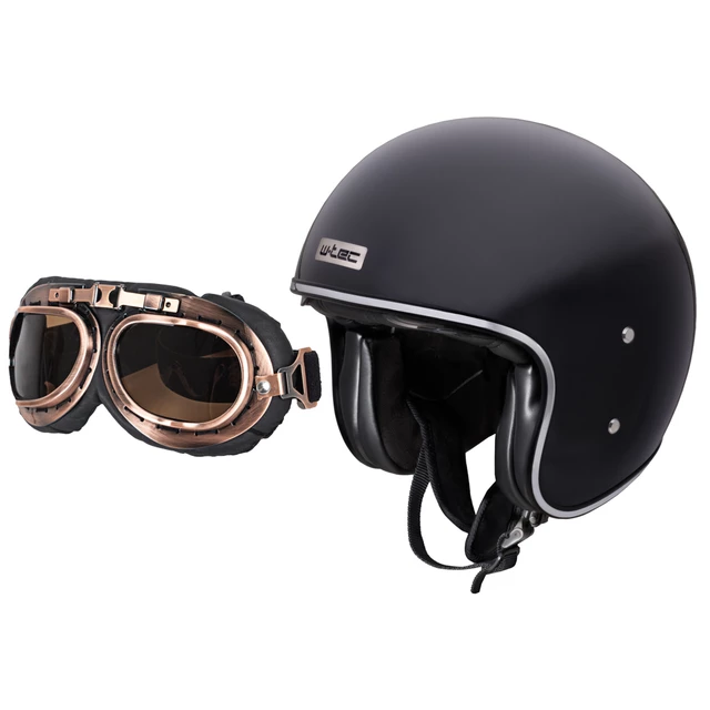 Motorcycle Helmet W-TEC Angeric Gloss Black w/ Steamrust Goggles - Gloss Black