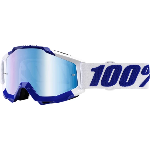 Motocross Brille 100% Accuri - Passion grün, blaues Chrom + klares Plexiglas mit Bolzen für Abr - Calgary weiss-blau, blau chrome Visier+ klare Visier mit Zapfen 