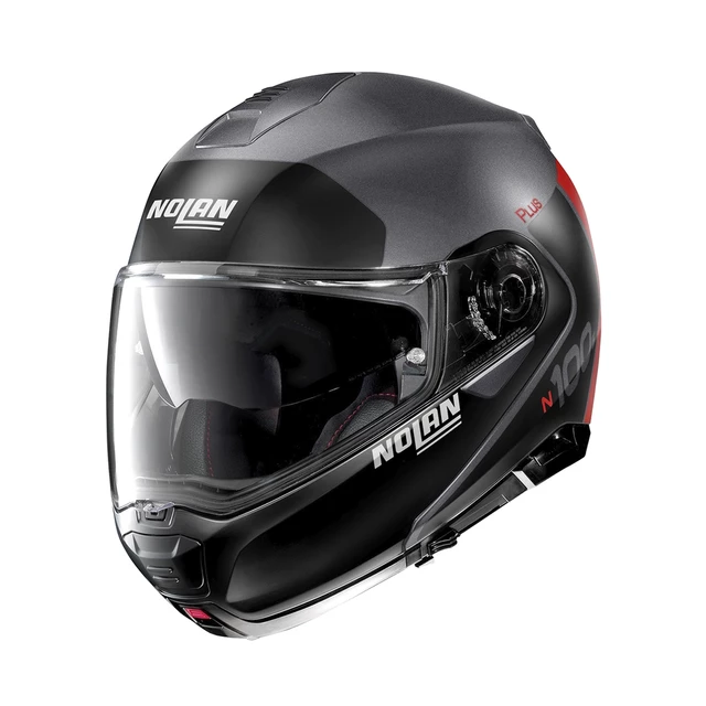 Motorcycle Helmet Nolan N100-5 Plus Distinctive N-Com P/J - Glossy Black-Red - Flat Lava Grey