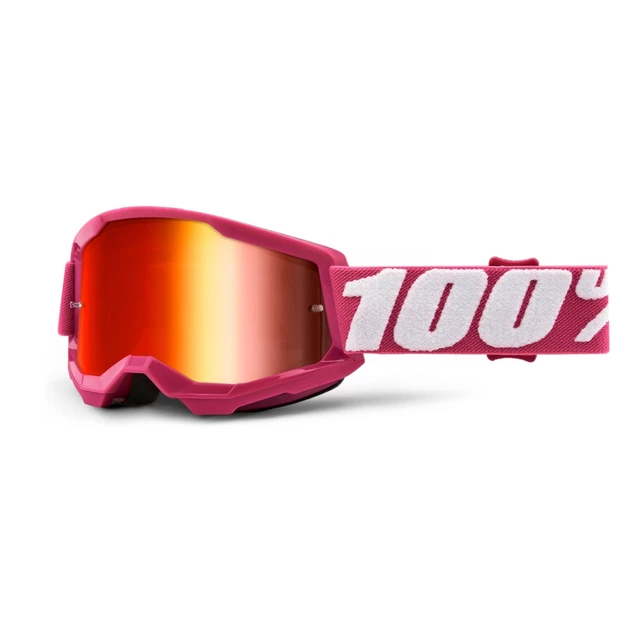 Detské motokrosové okuliare 100% Strata 2 Youth Mirror - čierna, zrkadlové strieborné plexi - Fletcher ružová, zrkadlové červené plexi